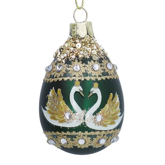 Glass Egg Matt Green, Jeweled Swans 6cm *ETA Nov